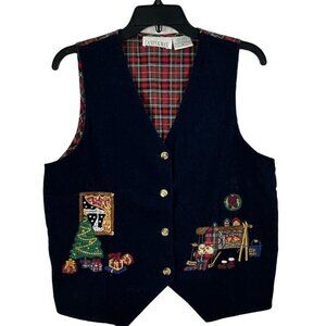 Vintage Casey & Max Christmas Vest M Navy Blue Appliqued Corduroy Plaid Buttons